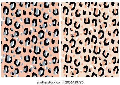 Abstract Leopard Skin Seamless Vector Patterns. Irregular Black, Beige and Blue Brush Spots on a Blush Pink and Beige Background. Abstract Wild Animal Skin Print. Simple Wild Cat Fur Design.