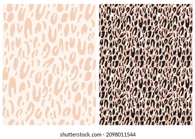 Abstract Leopard Skin Seamless Vector Patterns. White, Black and Coral Irregular Brush Spots on a White and Peach Color Background. Abstract Wild Animal Skin Print. Simple Irregular Geometric Design.