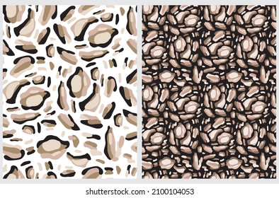 Abstract Leopard Skin Seamless Vector Patterns. Beige, Brown And Black Irregular Brush Spots On A White And Black Backgrounds. Abstract Wild Animal Skin Print. Simple Irregular Geometric Design.