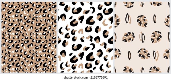 Abstract Leopard Skin Seamless Vector Patterns. White, Brown and Black Irregular Brush Spots on a White and Beige Background. Abstract Wild Animal Skin Print. Simple Irregular Monstera Leaves Design.