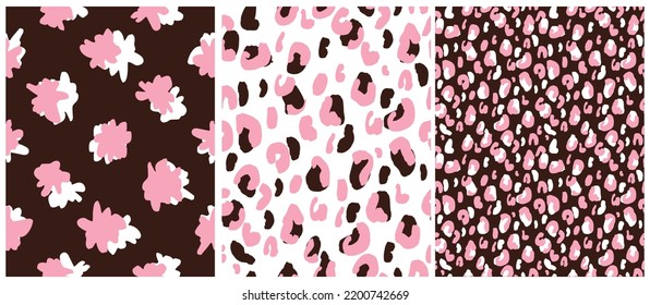 Abstract Leopard Skin Seamless Vector Patterns. Irregular Brush Spots on a Beige and White Backgrounds. Abstract Wild Animal Skin Print. Simple Irregular Geometric Design. Floral Repeatable Print.