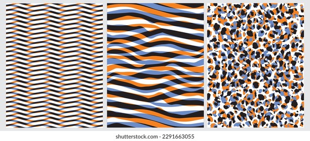 Abstract Leopard Skin Seamless Vector Patterns. Blue, Orange and Black Spots on a White Background. Wild Animal Skin Print. Simple Irregular Geometric Repeatable Design with Wavy Lines.