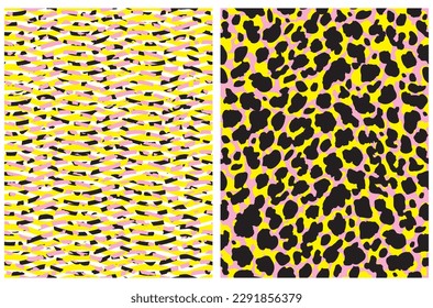 Abstract Leopard Skin Seamless Vector Patterns. Black, White and Yellow Spots on a Pastel Pink Background. Wild Animal Skin Print. Simple Irregular Geometric Repeatable Design with Wavy Lines.