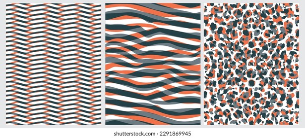 Abstract Leopard Skin Seamless Vector Patterns. Dark Pale Blue and Red Orange Spots on a White Background. Wild Animal Skin Print. Simple Irregular Geometric Repeatable Design with Wavy Lines.