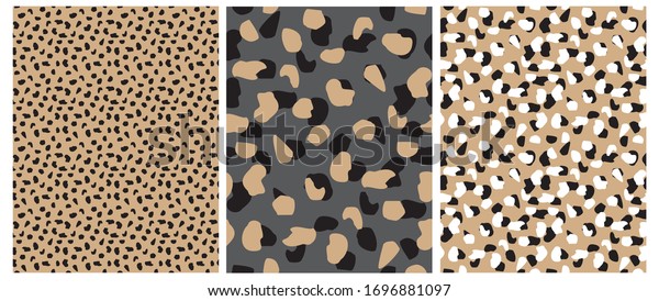 Abstract Leopard Skin Seamless Vector Patterns.\
White, Brown and Black Irregular Brush Spots on a Gray and Gold\
Backgrounds.  Abstract Wild Animal Skin Print. Simple Irregular\
Geometric Design.
