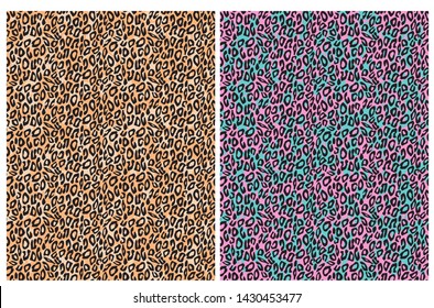 Abstract Leopard Skin Vector Pattern Set. Black Leopard Print on a Pink-Blue and Brown Background. Wild Cat Skin Vector Design for Textile, Layout, Wrapping Paper, Printing. 