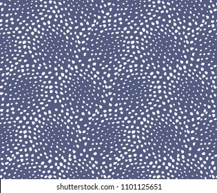 
Abstract Leopard Skin Vector Print.  Geometric Seamless Vector Pattern with White Dots Isolated on a Dark Blue Background. Cool Simple Irregular Print with Hand Drawn Brush Spots ideal for Fabric.
