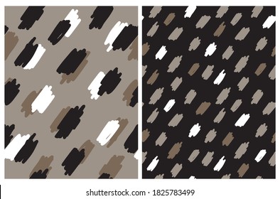 Abstract Leopard Skin Vector Seamless Pattern. Simple Irregular Geometric Print. White, Black and Brown Hand Drawn Brush Spots on a Black and Gray Backgrounds.