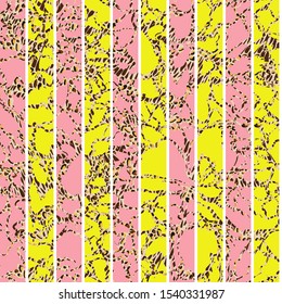Abstract leopard style striped vector seamless pattern. Bright pink and yellow green stripes with Spotted contours like animal skin. Mottled template for design, textile, wallpaper, banner background.