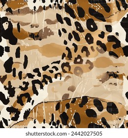 Abstract leopard, tiger watercolor painting seamless pattern illustration.  Modern animal print background in fun color. for beauty products or other.