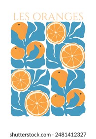 Abstract Les Oranges poster. Retro groovy orange fruit design for wall prints. Aesthetic citrus vector illustration.