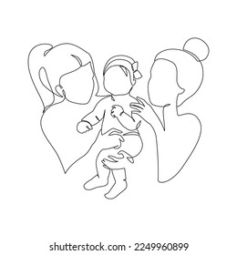 Abstract lesbian couple with a child line art drawing. LGBT lesbian homosexual family. Women hugging daughter, adoptive partners Continuous line vector illustration for love moments happiness concept