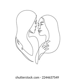 Abstract lesbian couple line art drawing. LGBT lesbian homosexual family. Women kissing, hugging isolated on white background Continuous line vector illustration for love happiness concept, pride day