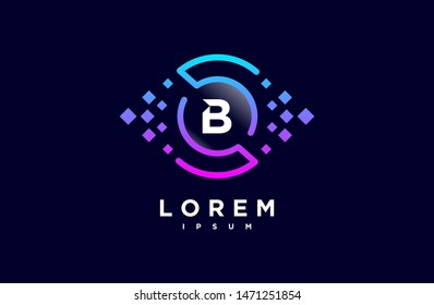 Abstract letter B line logo design template. dark blue, blue and purple gradient Color pixel creative sign. Universal vector icon. Digital Concepts and Circles, vision, eye, technology Icons.