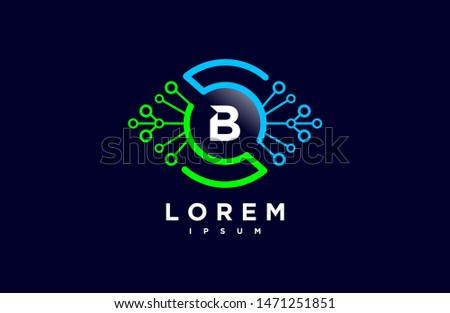 Abstract letter B line logo design template. blue and green Color link creative sign. Universal vector icon. Digital Concepts and Circles, vision, eye, technology Icons.