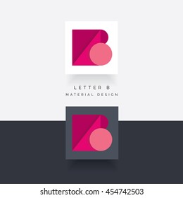 Abstract letter B logo in material design style, modern pink element made of rectangle, triangle and circular shapes