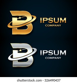 Abstract letter B logo,gold and silver star symbol,sign saturn,ring shape with sample text for your company