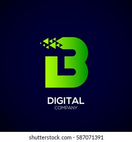 Abstract Letter B Pixel logo with Triangle Shape, Green Arrow Fly Forward Signs, Media Play Symbols, Technology and Digital Connection concept for your Corporate identity Business company