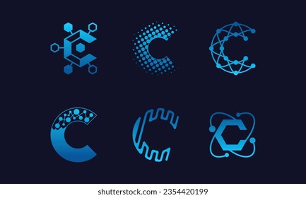 Abstract Letter C connect Technology geometric Logo vector template Set of C Letter modern digital creative monogram.