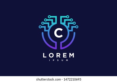 Abstract letter C line logo design template. dark blue and blue gradient Color link creative sign. Universal vector icon. Logotypes of Digital Concepts and Circles, Connections and Networks Icons.