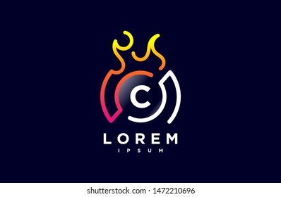 Abstract letter C line logo design template. dark blue and orange gradient Color link creative sign. Universal vector icon. Logotypes of Digital Concepts and Circles, hot, speed and fire Icons.