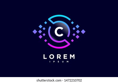 Abstract letter C line logo design template. dark blue, blue and purple gradient Color pixel creative sign. Universal vector icon. Digital Concepts and Circles, vision, eye, technology Icons.