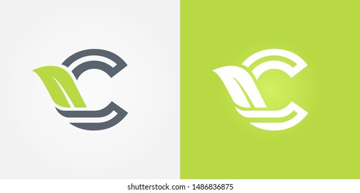 Abstract letter C line logo design template. grey and green Color ecology creative sign. Universal vector icon. Element, organic, natural, bio Icons.