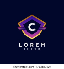 Abstract letter C logo design template. gradient purple and blue Color shield creative sign. Universal vector icon.