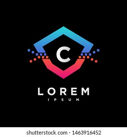 Abstract letter C logo design template. black, blue and pink gradient Color pixel shield creative sign. Universal vector icon.