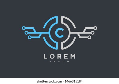 Abstract letter C logo design template. grey and neon blue Color link creative sign. Universal vector icon. Logotypes of Digital Concepts and Circles, Connections, drone and Networks Icons.