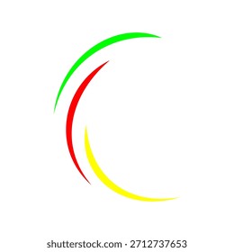 Diseño Abstractas del logotipo de la letra C con líneas curvas verdes, rojas y amarillas dinámicas sobre un fondo blanco limpio, que representa el movimiento y la creatividad.

