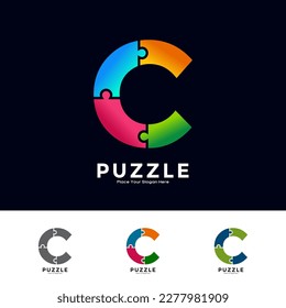 Letra abstracta C piezas del rompecabezas colorido diseño del logotipo vectorial. Adecuado para negocios, educación, juegos, pegatinas y plantillas