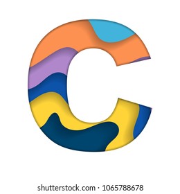 Abstract letter C silhouette with cut paper layers different colors