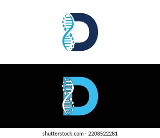 Resumen del concepto del logotipo de biología del ADN de la letra D. Icono de vectores de ciencia creativa, laboratorio y biotecnología.