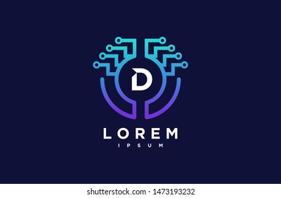 Abstract letter D line logo design template. dark blue and blue gradient Color link creative sign. Universal vector icon. Logotypes of Digital Concepts and Circles, Connections and Networks Icons.