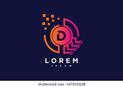Abstract letter D line logo design template. dark blue and orange gradient Color digital creative sign. Universal vector icon. Digital Concepts and Circles, Connections and Networks Icons.