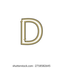 Logotipo Abstractas de la letra D con flechas infinitas; Ilustración vectorial conceptual del proceso cíclico, símbolo de reciclaje e ilusión óptica geométrica en oro y negro