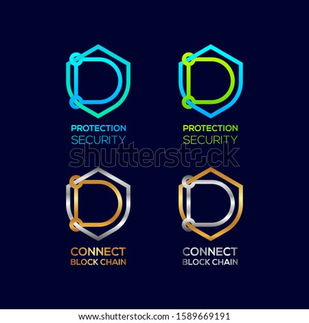 Abstract Letter D Logotype, Protection Shield Security logos with Modern line Cross shape and Link Dots or sync signs, Connect Technology and Digital symbols, Blockchain and Data concept