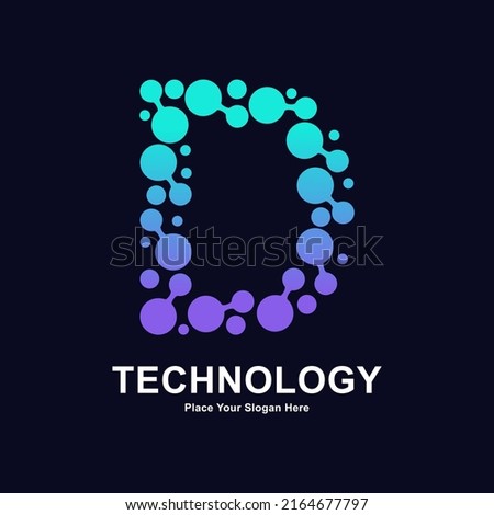 Abstract Letter D with molecule element and dots connection vector logo design. Suitable for biotechnology molecule atom DNA chip symbol, Medicine, science, technology, laboratory, electronics
