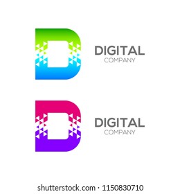 Abstract Letter D Pixel logo with Triangle Shape, Arrow Fly Forward Signs, Media Play Symbols, Technology and Digital Connection concept for your Corporate identity Business company