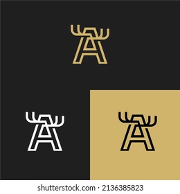 Resumen del diseño del logotipo de la letra A del ciervo con 3 colores de variación. Ilustración vectorial. Logotipo de ciervo con forma geométrica estilizada.