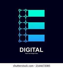Abstract letter E with dots connection vector logo design. Suitable for biotechnology molecule atom DNA chip symbol, Medicine, science, technology, laboratory, electronic