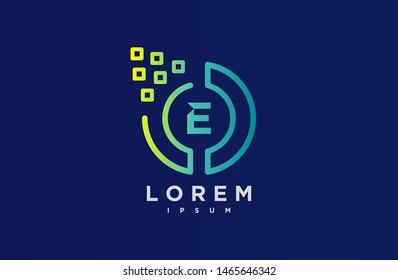 Abstract letter E line logo design template. blue and green gradient Color pixel creative sign. Universal vector icon. Logotypes of Digital Concepts and Circles, Connections and Networks Icons.