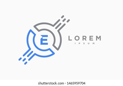 Abstract letter E line logo design template. grey and blue gradient Color pixel creative sign. Universal vector icon. Logotypes of Digital Concepts and Circles, Connections and Networks Icons.