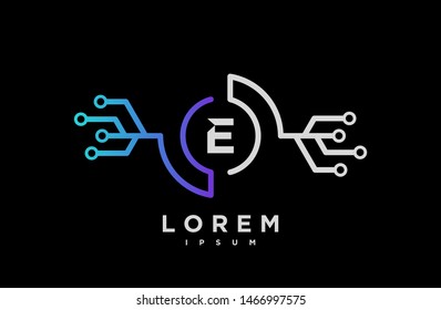 Abstract letter E line logo design template. black, blue and white gradient Color link creative sign. Universal vector icon. Logotypes of Digital Concepts and Circles, Connections and Networks Icons.