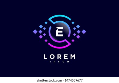 Abstract letter E line logo design template. dark blue, blue and purple gradient Color pixel creative sign. Universal vector icon. Digital Concepts and Circles, vision, eye, technology Icons.