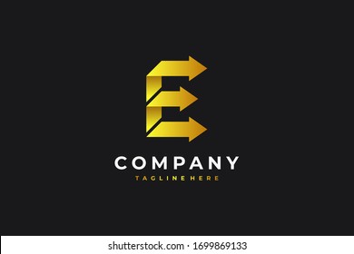 Abstract Letter E Logo. Geometric Line Arrow Origami Style isolated on Black Background. Flat Vector Business Logo Design Template Element.