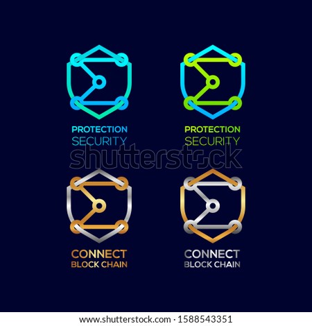 Abstract Letter E Logotype, Protection Shield Security logos with Modern line Cross shape and Link Dots or sync signs, Connect Technology and Digital symbols, Blockchain and Data concept