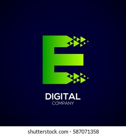 Abstract Letter E Pixel logo with Triangle Shape, Green Arrow Fly Forward Signs, Media Play Symbols, Technology and Digital Connection concept for your Corporate identity Business company