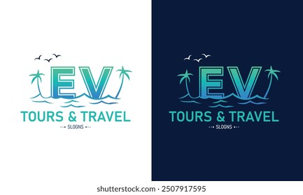 Letra Abstractas EV VE Con Diseño De Logotipo De Viaje. Vector inicial del icono del logotipo del viaje de verano